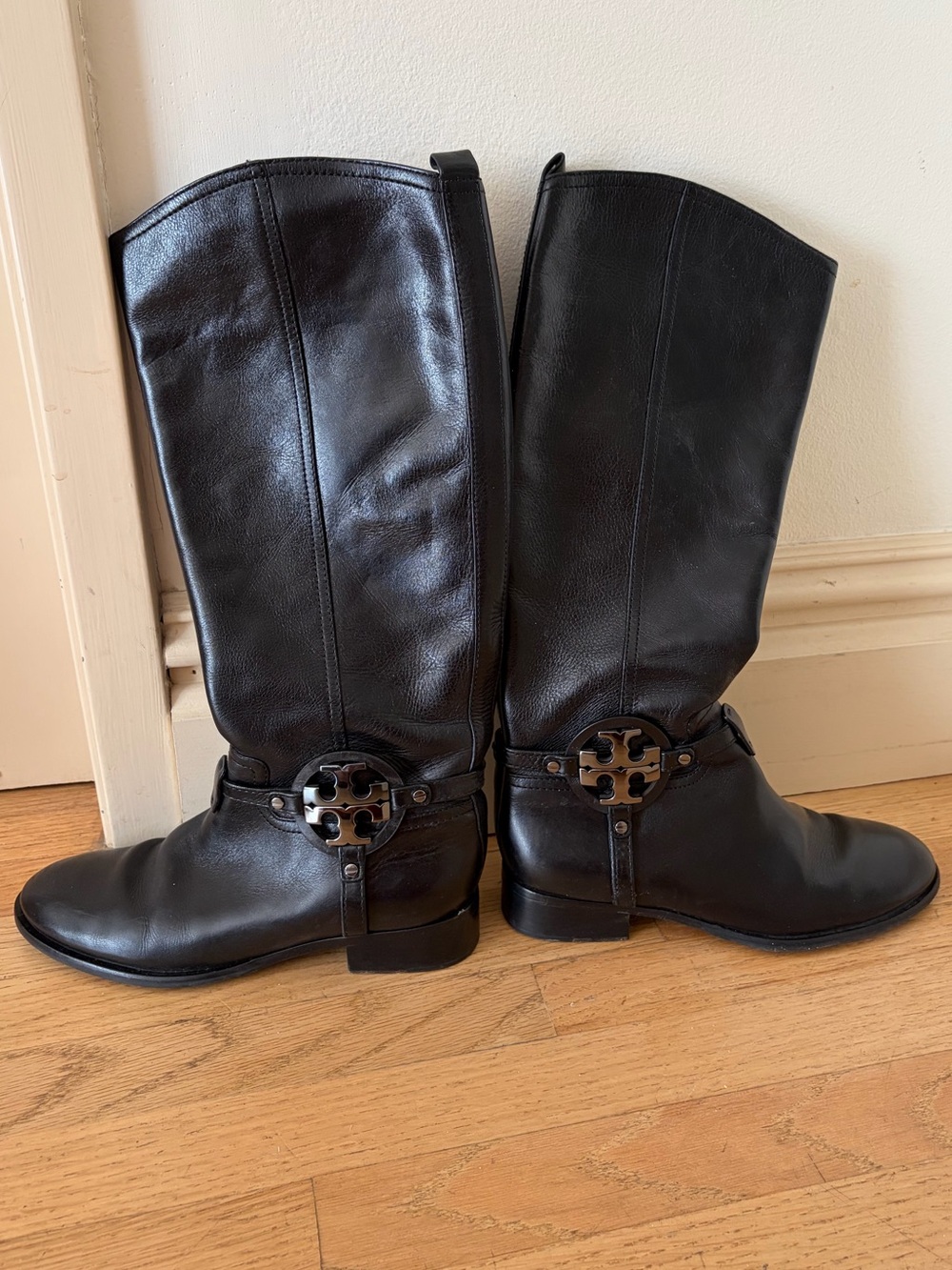 Tory Burch Black Leather Riding Boots with Logo Medallion